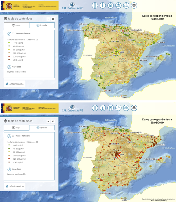 Mapa de España con la concentración de ozono en junio